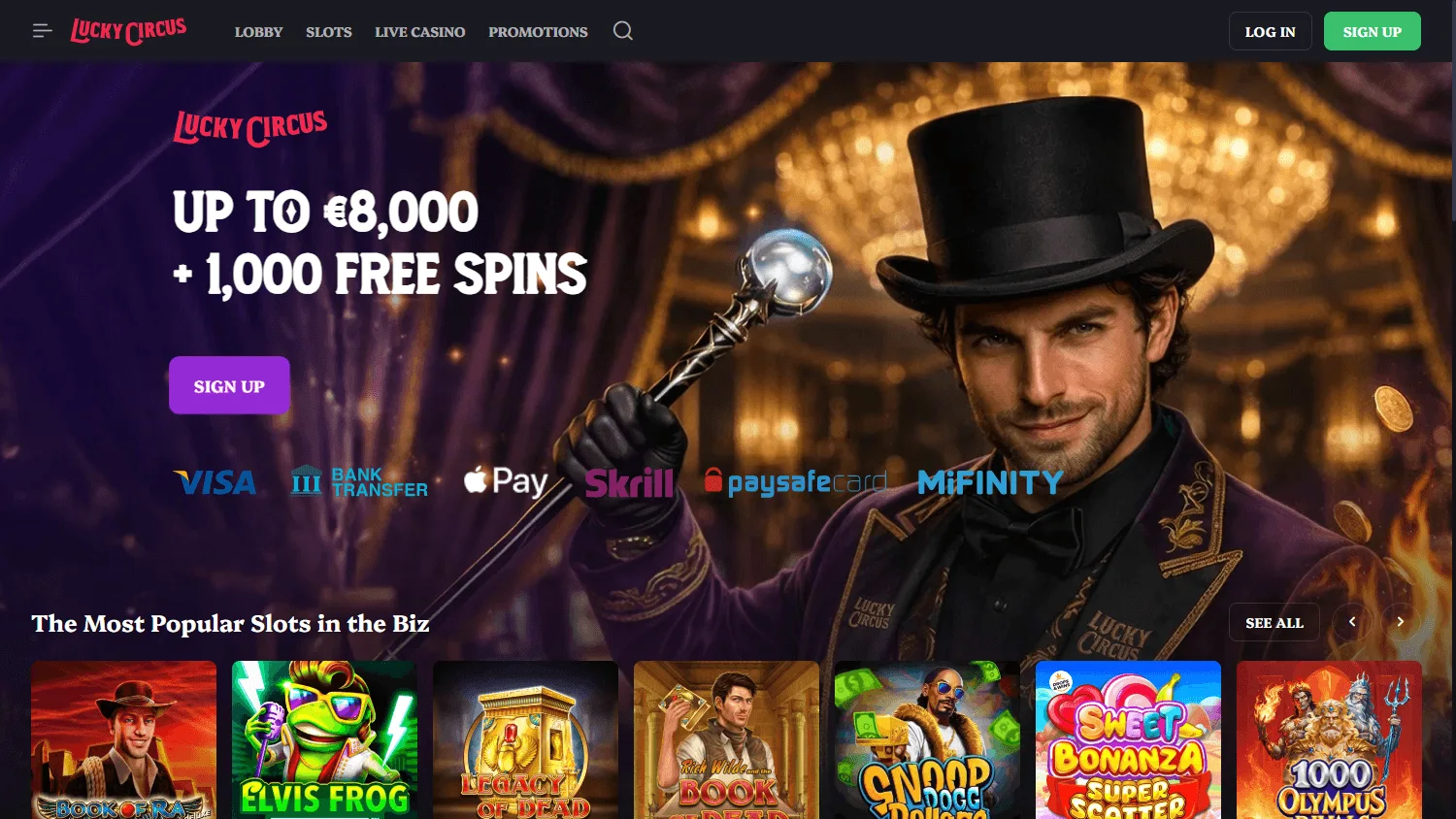 Lucky Circus Casino desktop home screen with casino offer and account options