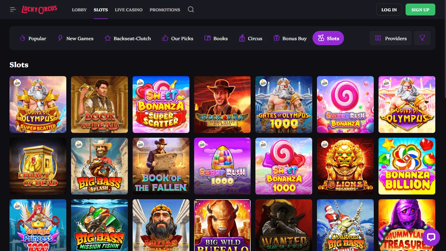 Lucky Circus Casino desktop games area with casino categories