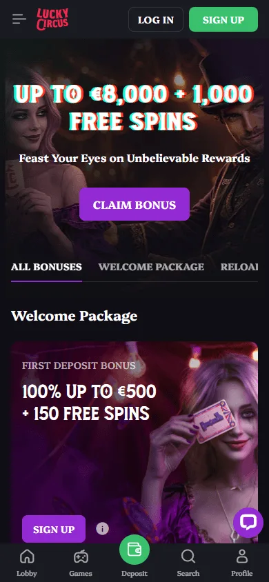Lucky Circus Casino mobile promotions area with casino offers