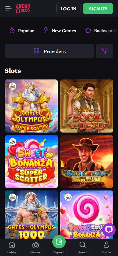 Lucky Circus Casino mobile games area with casino categories