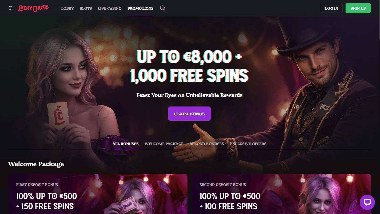 Lucky Circus Casino desktop promotions area with welcome and ongoing offers